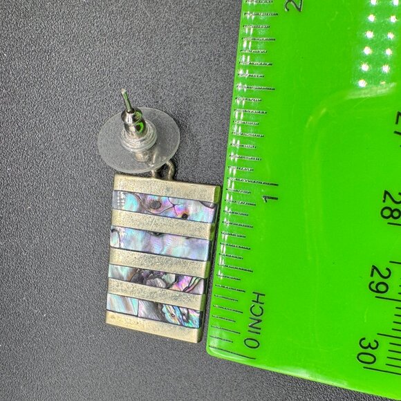 Vintage Alpaca Silver Pierced Earrings Abalone Shells Stripes Mexico - Picture 4 of 4